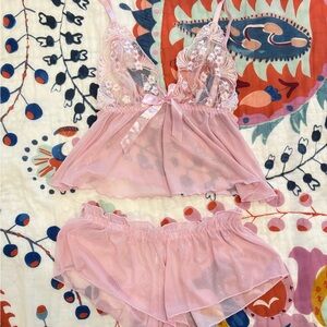 Romantic Pink Lace Sleep Set with Satin Elegance